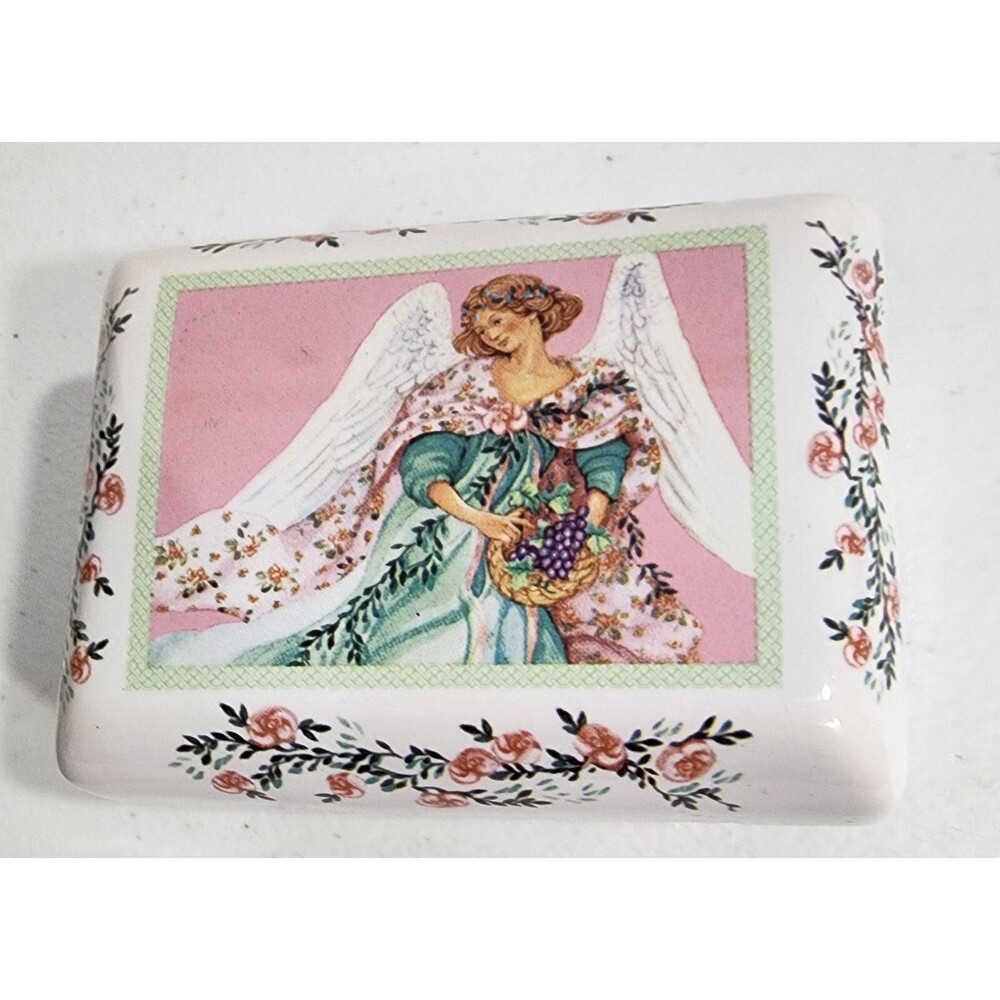 Jewelry Trinket Box Angel Roses Floral Daysprings Cards Ceramic Thailand 4"x 3"